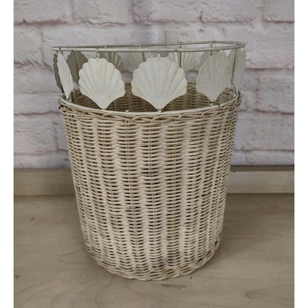 VTG Rattan Wicker Metal Shell Accent Trim Garbage Can Trash Waste Basket 10x8"